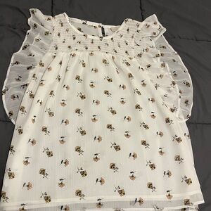 Floral White Blouse with Ruffle Sleeves